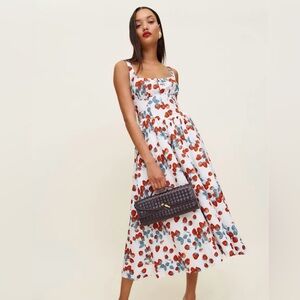 Reformation Balia Linen Dress/ White and Red Floral Midi Dress